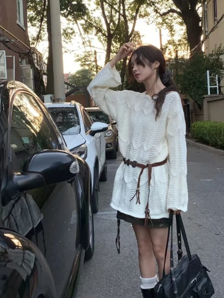 

2025 полый вязаный свитер, женская блузка с длинным рукавом, свободная талия, тонкая верхняя одежда, свитера, модные пуловеры, верхняя одежда Y2K, уличная одежда