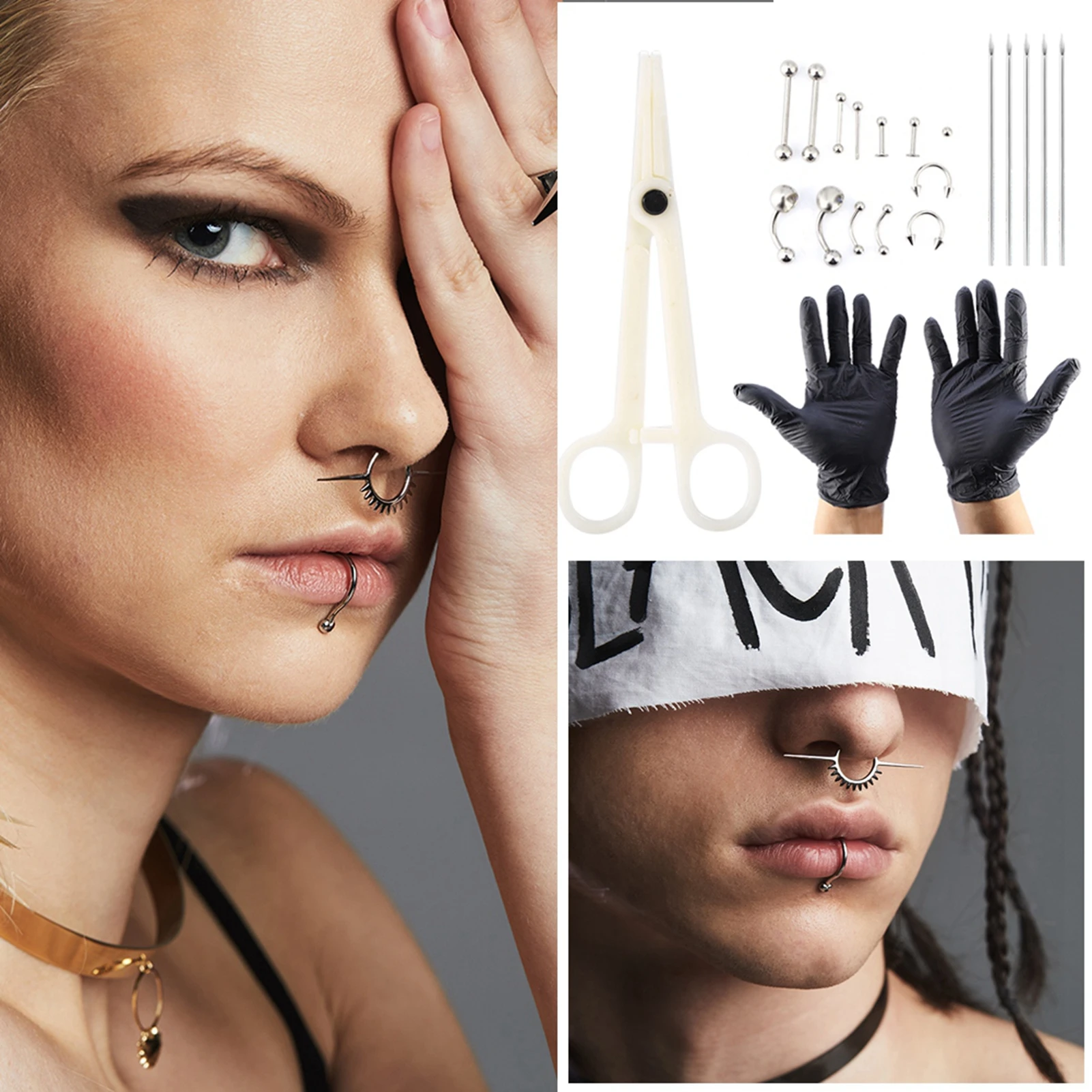 20 teile/satz Zunge Nase Bauchnabel Körper Schmuck Piercing Ringe Clamp Handschuhe Nadeln Tool Kit Körper Piercing Ring Kit – Detail 3