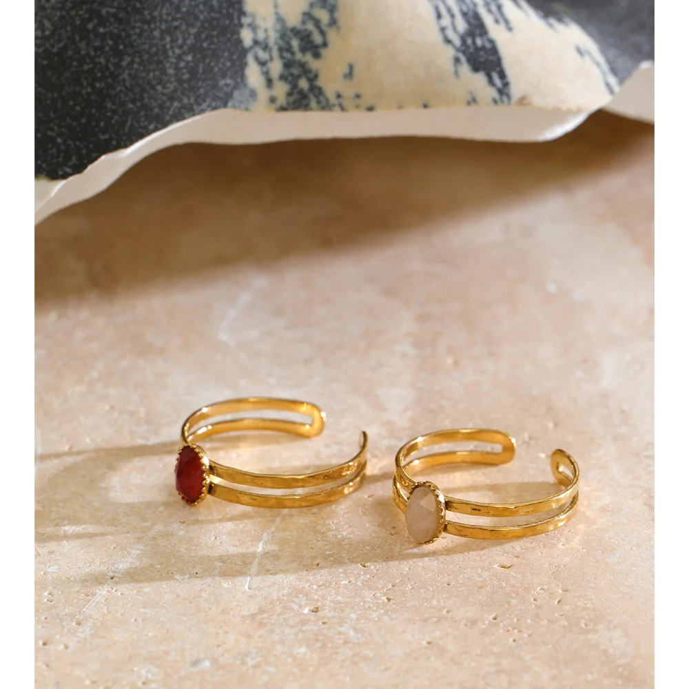 Yhpup Natural Jade Agate Stone Double-Layer Open Adjustable Ring Stainless Steel Attractive Women Finger Jewelry