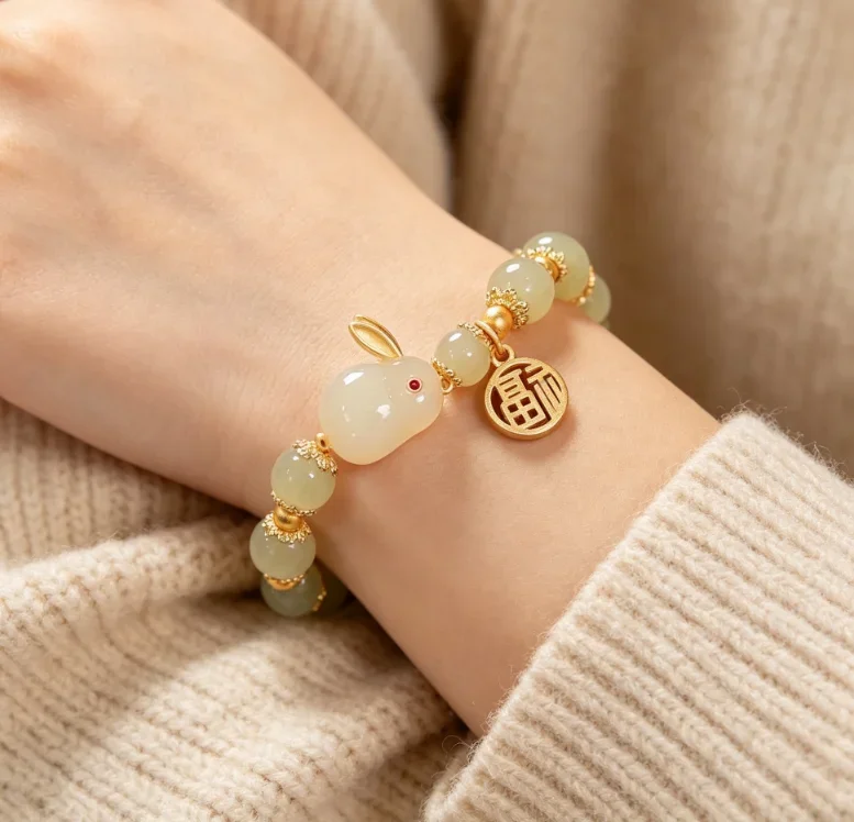 Hetian Jade Rabbit Bracelet with Gold Fu Character Pendant Light Green Jade Beads Lucky Chinese Style Zodiac Bunny Bracelet Elegant Vintage Gift for Women