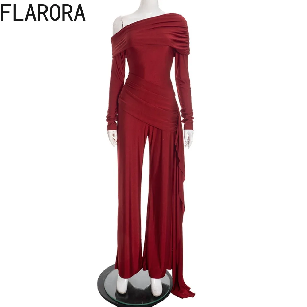 จั๊มพ์สูท FLARORA ดีไซน์หรูหรา แต่งผ้าริบบิ้น ตัดเย็บแบบแพทช์เวิร์ค สำหรับผู้หญิง สไตล์เก๋ไก๋ ไหล่เฉียง จับจีบ กระชับรูปร่าง เหมาะสำหรับงานเลี้ยง ออกงาน หรือกิจกรรมต่างๆ