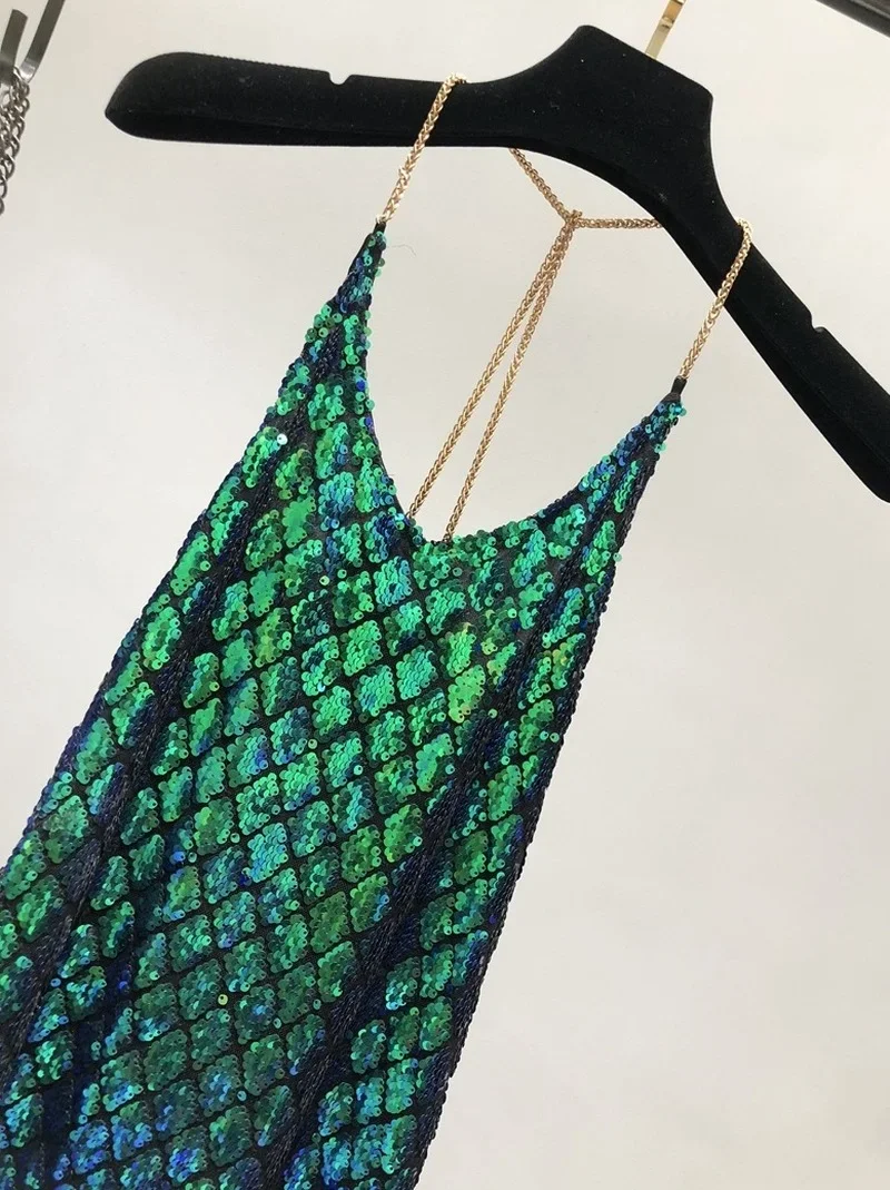 Sexy Dresses Party Night Club Dress 2024 Dress Summer Metal Hanging Neck Sequins Backless Holiday Skirt with Shoulder-straps