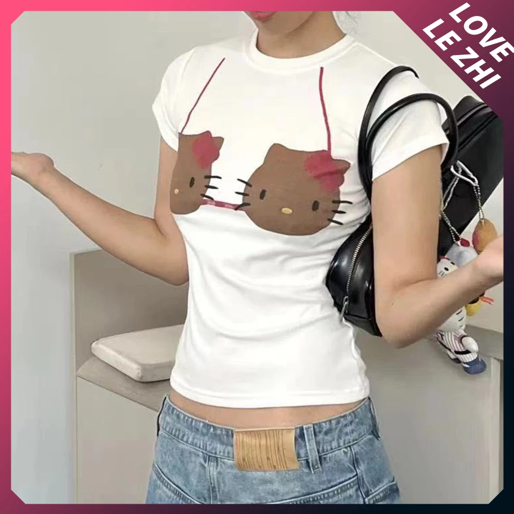 

Sanrioed Hello Kittys American Style Round Neck Tees Female Summer Short T-Shirt Slim Fit Y2K Spicy Girl Minimalist Top