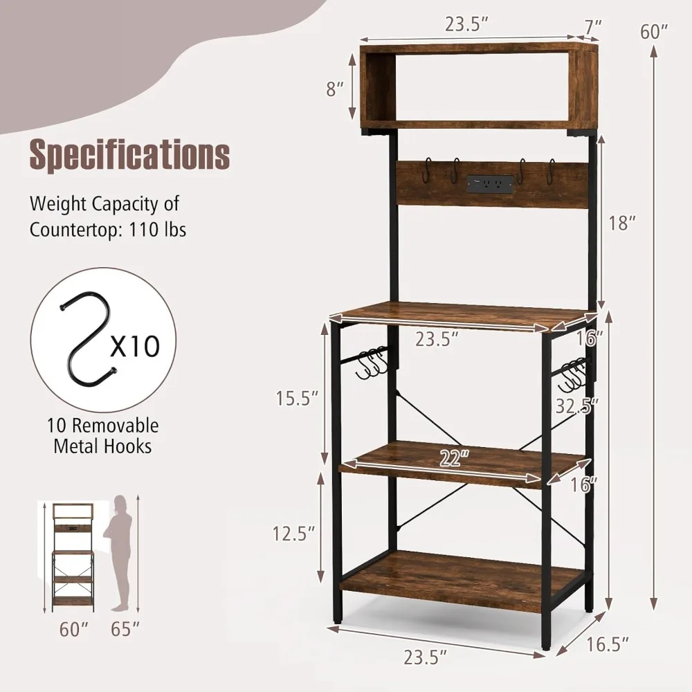 حامل ميكروويف للمطبخ مع مخرج طاقة و10 خطافات على شكل حرف S، ورف تخزين طويل القامة، وبار القهوة #3