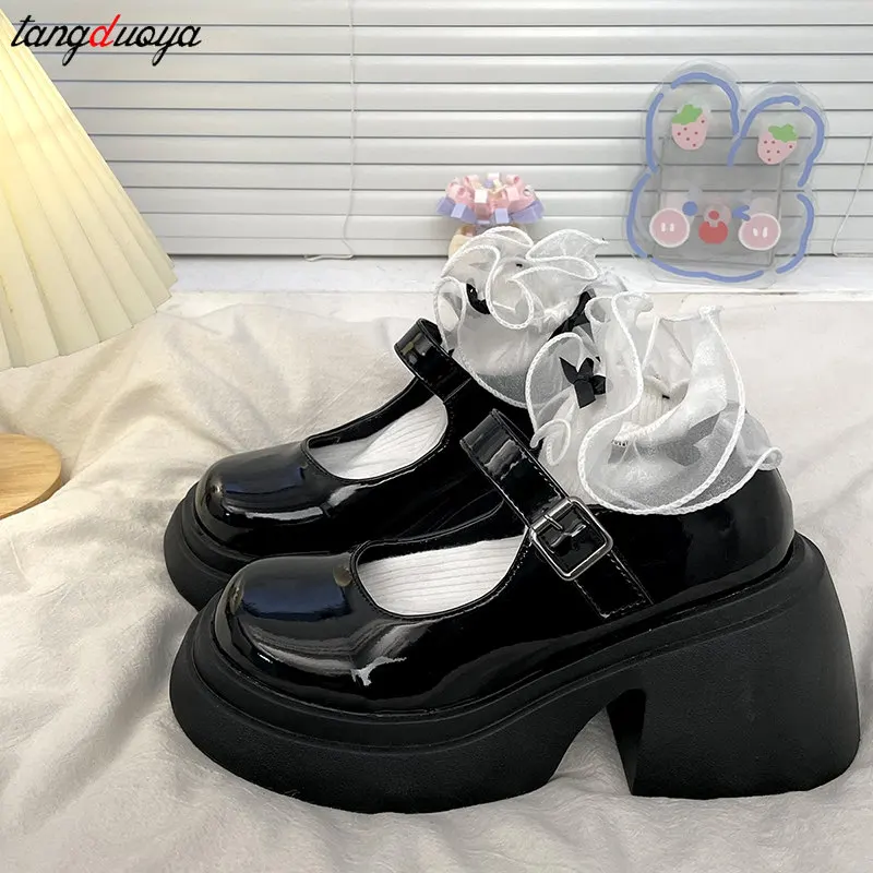 Lolita Shoes Japanese Girl Platform Black High Heels Vintage Round Toe Mary Jane Shoes Women Patent faux Leather Cosplay Shoes