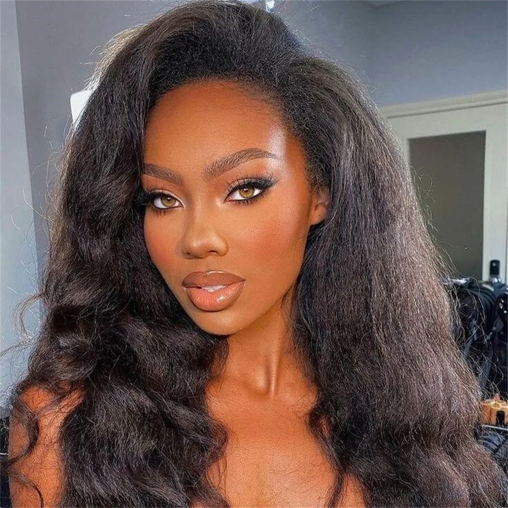 

26Inch Long Yaki Soft Black Kinky Straight Wave 180Density Deep Lace Front Wig For Women With Baby Hair Preplucked Glueless