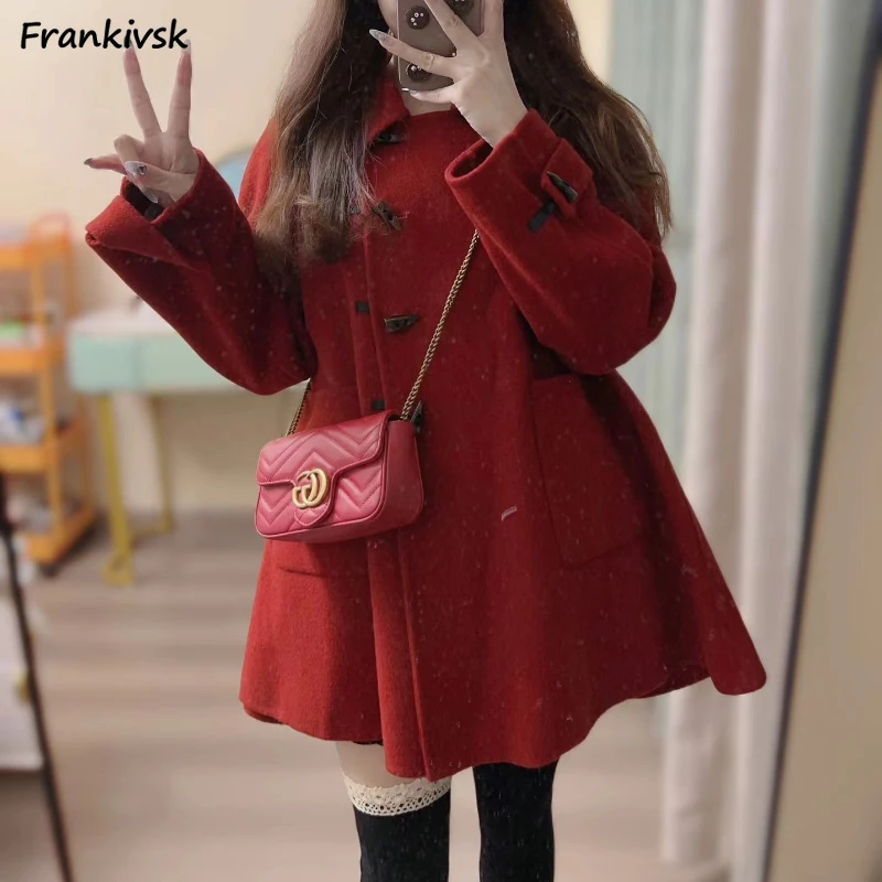 

Woolen Blends Women Baggy Elegant Horn Button Design Fashion Office Lady Temperament French Style Versatile Winter Coats Females