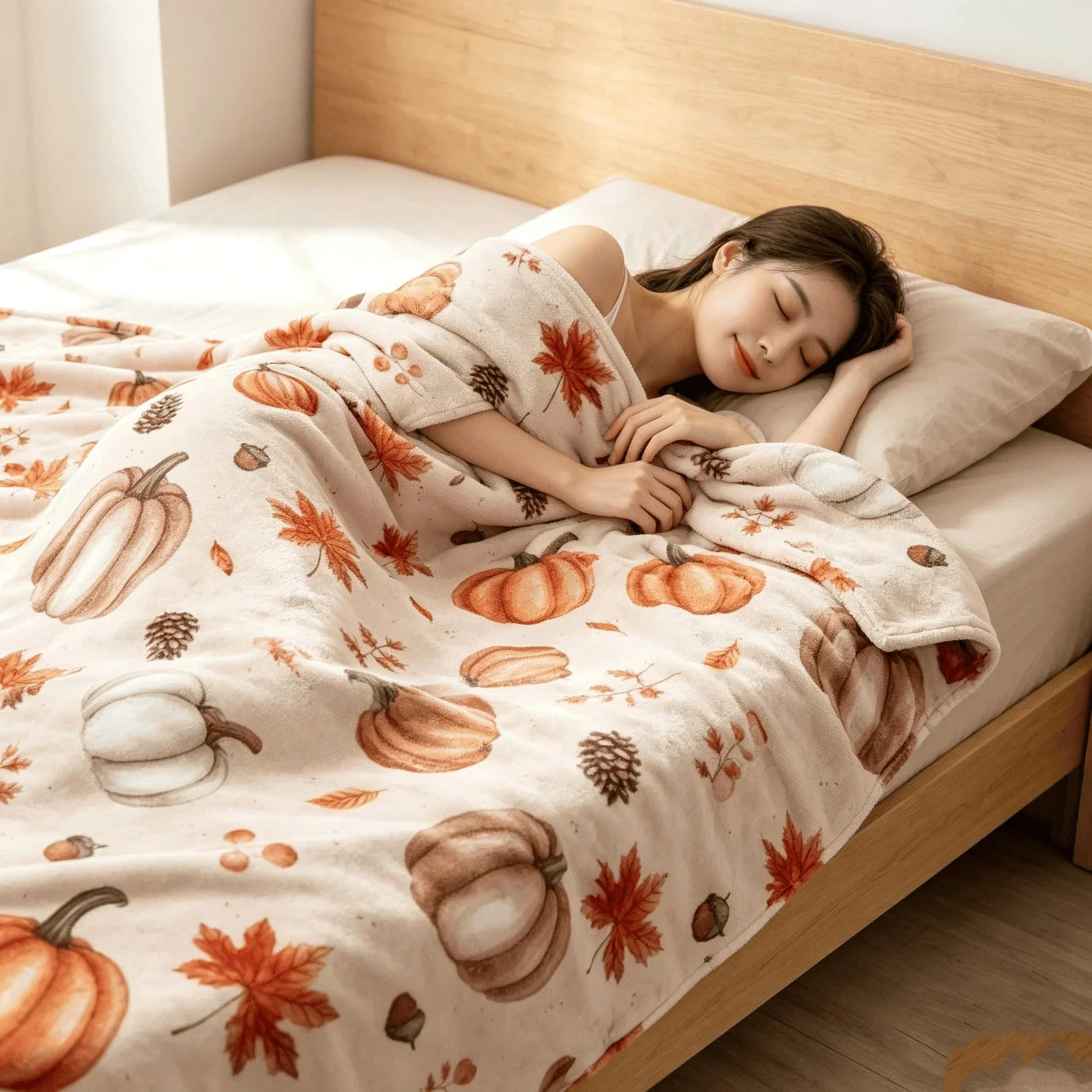 2026 Beige Watercolor Autumn Pumpkin Maple Leaf Plaid Toast Coffee Can Full Print Flannel Throw Blanket for Couch Bed Car