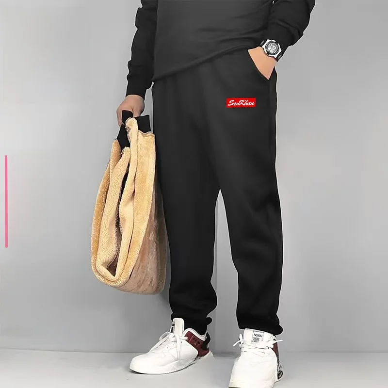 

Warm Casual Pants for Men Trendy Loose Lamb Velvet Printed Large Size Elastic Waist Sports Cuffed Pants Winter Faion