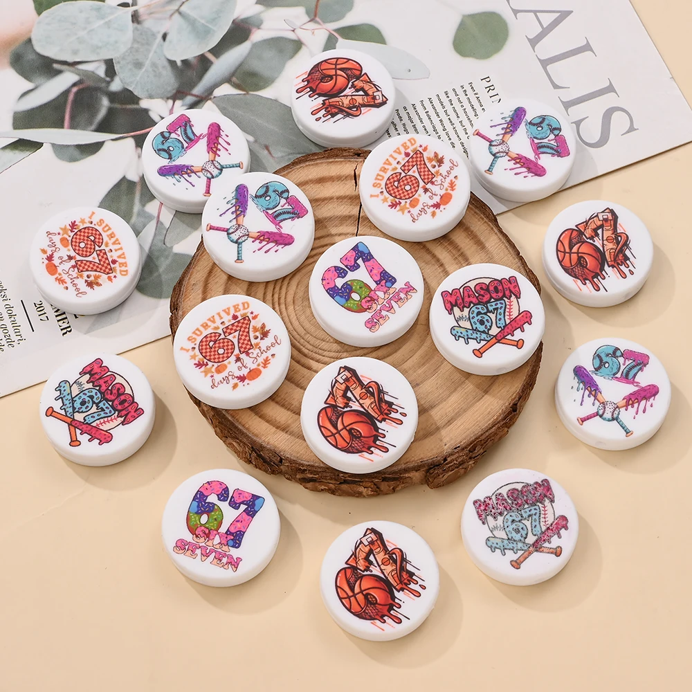 

5Pcs 28mm Silicone Beads Print Number 67 Flat Round Beads for DIY Pacifier Chains, Necklaces, Bracelet Accessories