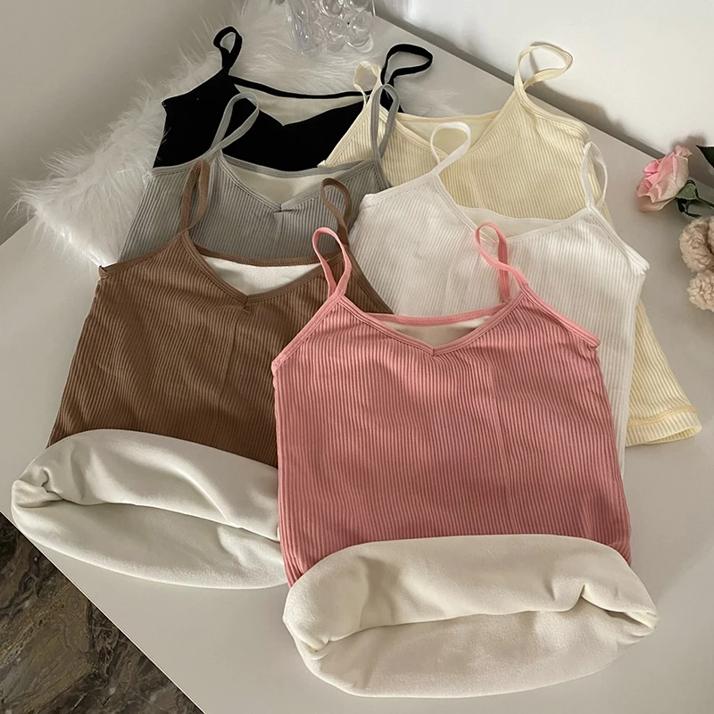 Autumn Winter Versatile Sleeveless Solid Colour V Neck Slim Warm Women's Plush Camisole Bottoming Tank Top Plush Thicken