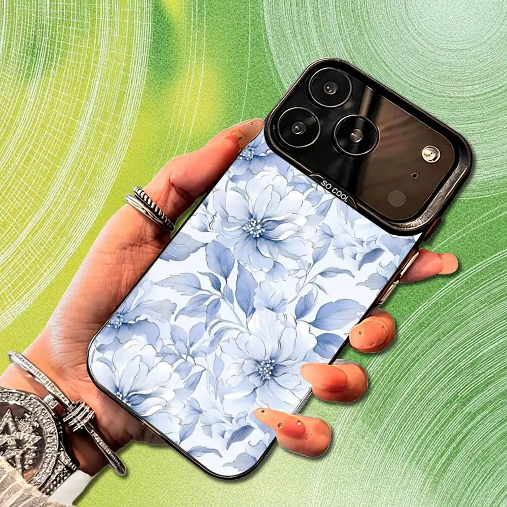 Чехол для телефона с синей художественной цветочной росписью для iPhone 14,17,13,12,11,16,15, Mini, Pro, SE, XS, MAX, черный матовый силиконовый чехол