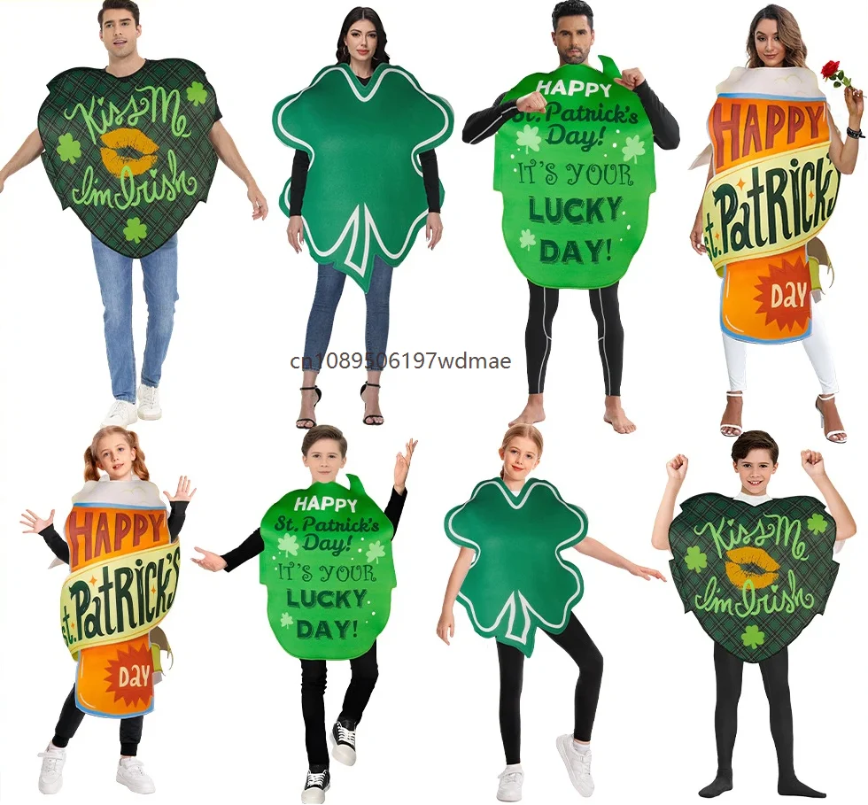 

St. Patrick's Day Four-Leaf Clover Beer Heart Party Costume Adult enfant Diguise Wear Fancy Family Matching Suit Unisex Clothes