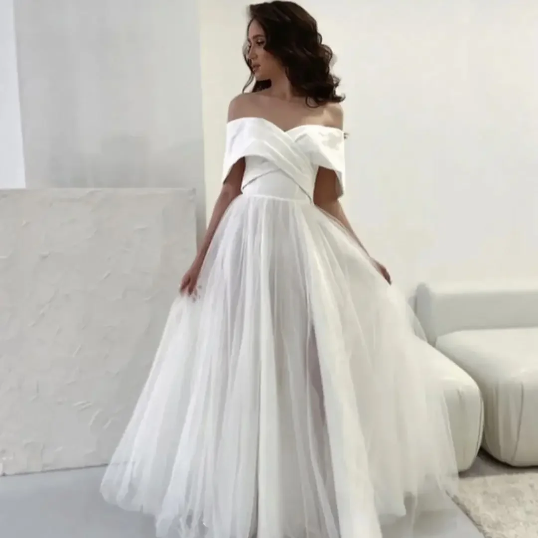 Customized Cassic And Elegant Chiffon Transparent Stiff Chiffon Off Shoulder A-line Floor Length Wedding Dress