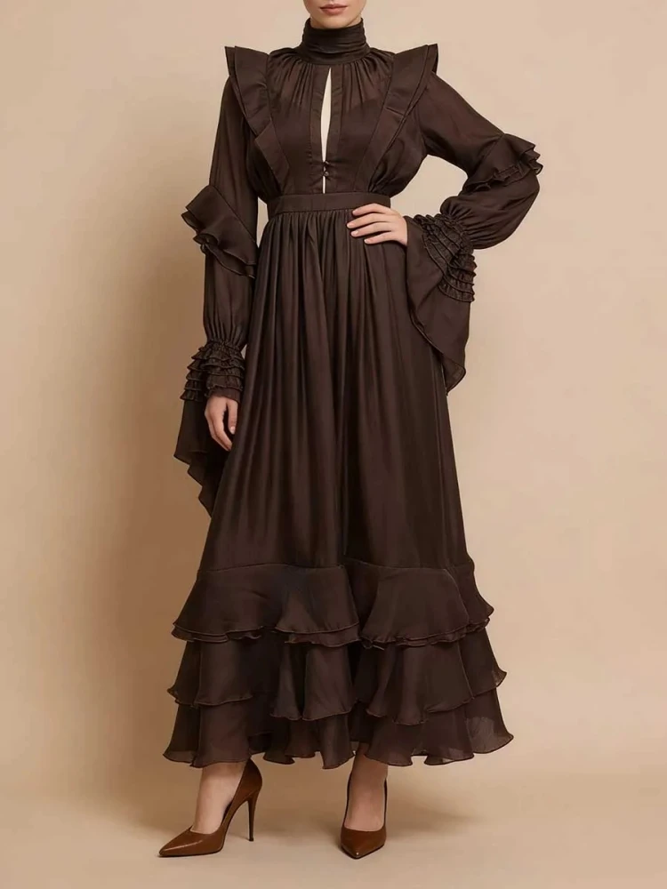 섹시한 하이 칼라 긴 소매 계단식 러플 컷아웃 롱 드레스 벨트 포함 여성용 브라운 나비 소매 A라인 드레스 이브닝 드레스