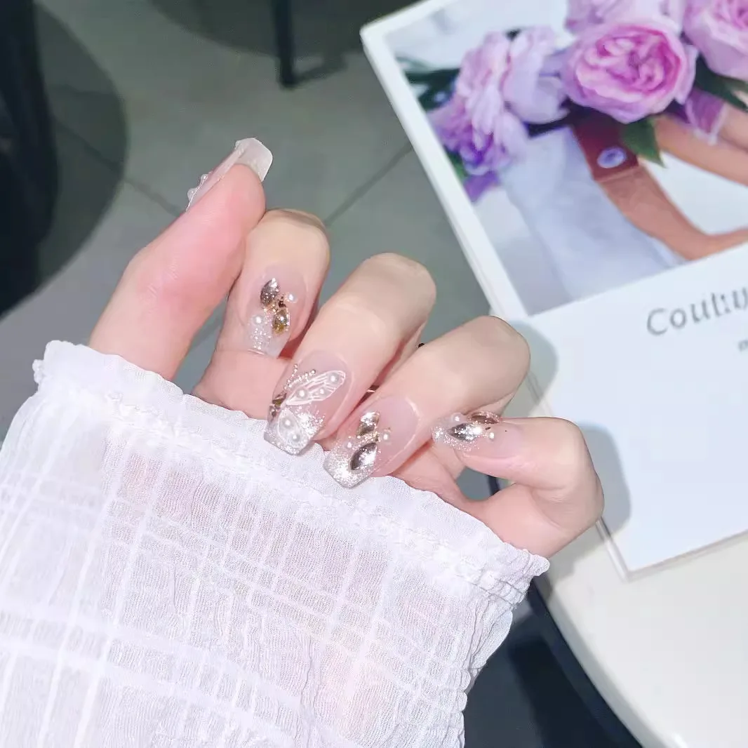 10 szt. Ręcznie robione paznokcie z dżetami i brokatem, naklejane, brokatowe, nude z pełnym zestawem sztucznych paznokci dla kobiet i dziewcząt, odpinane, do noszenia.