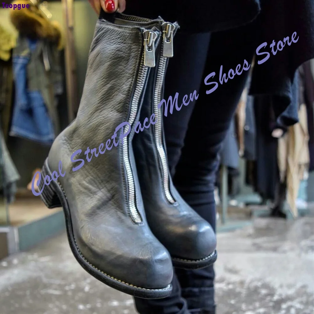 Front Full Zipper Mid Calf Boots Men Black Vintage Distressed Wrinkled Leather Block Heel Dark Industrial Streetwear Short Boot
