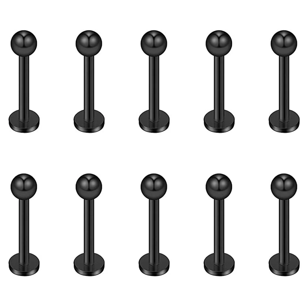 WKOUD 10PCS 16G Black Titanium Anodized Stainless Steel Ball Labret Monroe Lip Ring/Tragus/Helix/Cartilage Earring Stud Barbell