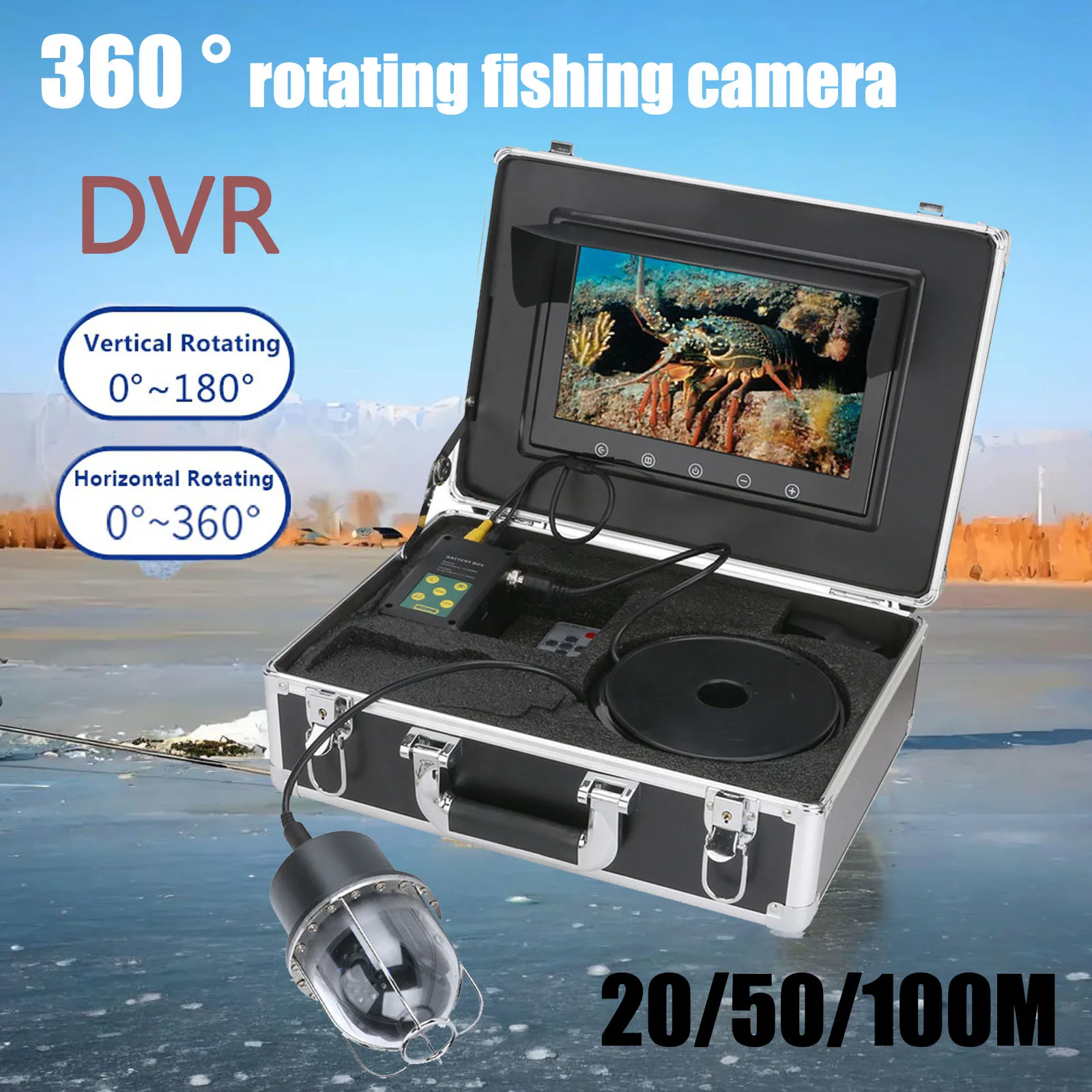 

10Inch DVR Underwater Fishing Video Camera Fish Finder IP68 Waterproof 20 LEDs 360 Degree Rotating Panoramic Camera 20m/50m/100m