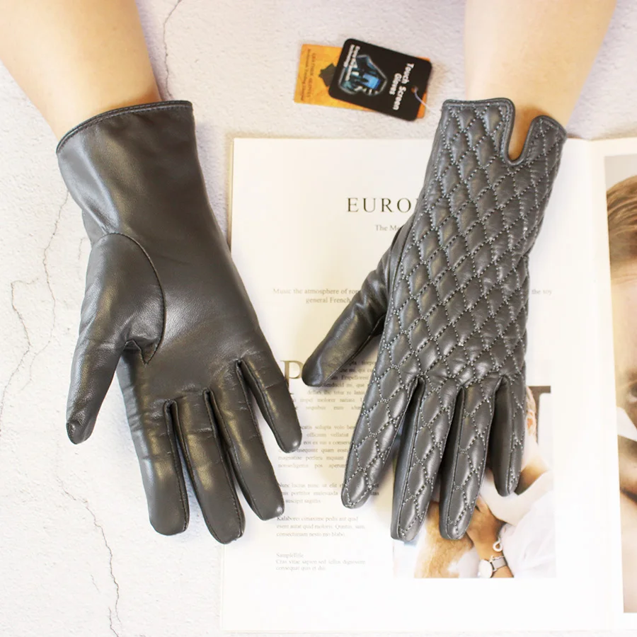 Gants en peau de mouton à écran tactile avec doublure en cachemire pour femme, gants chauds, style broderie, document en cuir, mode, automne et