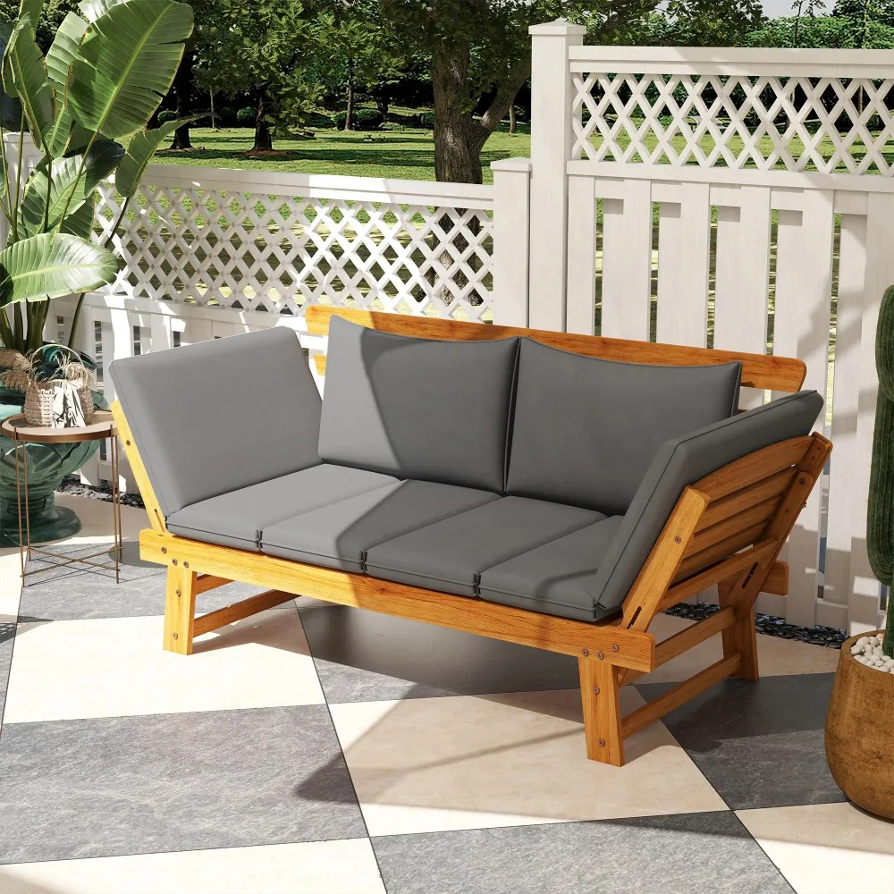 

Wooden Garden Bench for Outdoor W/ Cushions, Patio Loveseat, Gray