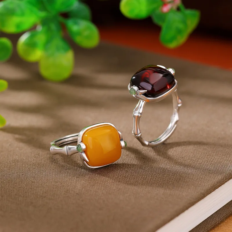 S925 Sterling Silver Hetian Jade Jasper Amber Blood Agate Knot Leaf Square Open Ring