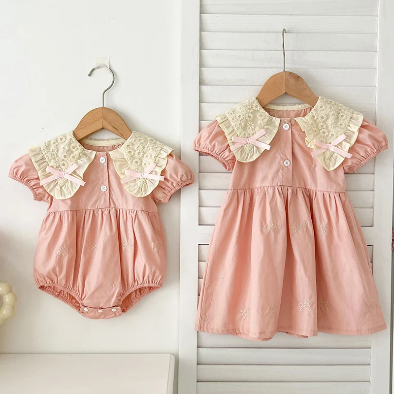 Baby Girls Clothes Summer Sisters Dress Kids Sweet Embroider Bow Lace Sisters Rompers Kids Baby Girls Children Clothes Dress