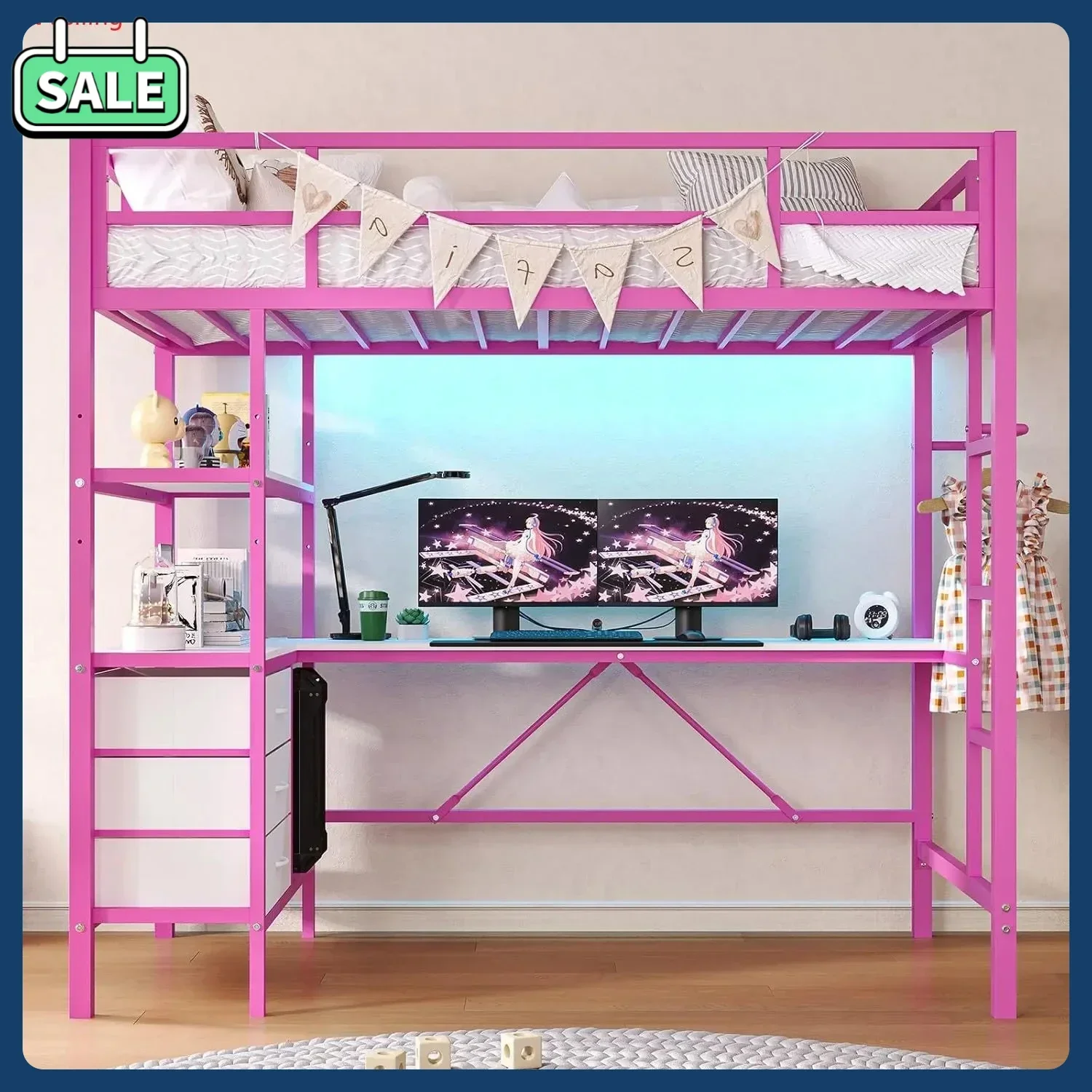 

Бестселлер: Металлическая двухъярусная кровать-чердак с L-образным столом, LED-подсветкой, зарядной станцией и 3 полками для хранения для детской комнаты