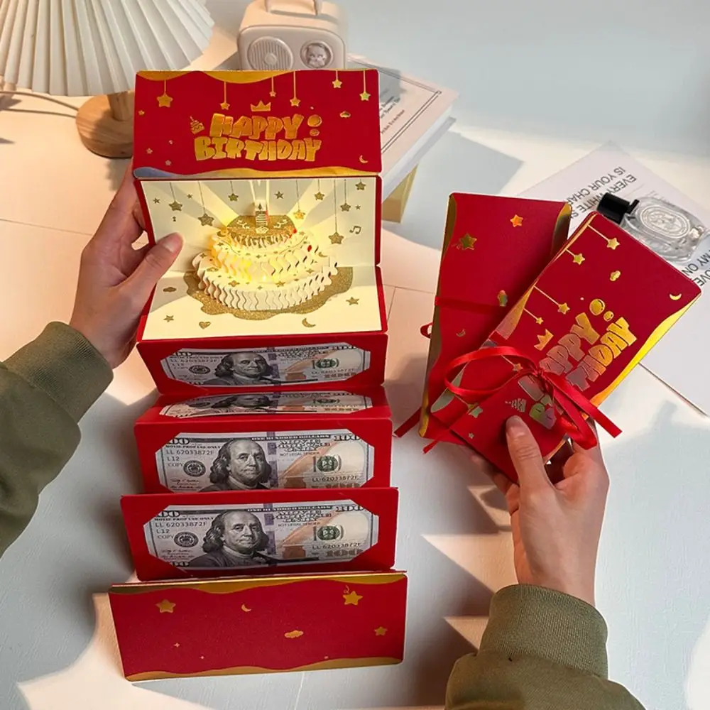 3D Pop-Up Geburtstagskarte Roter Umschlag 6 Kartenfächer Gold Musikalische Licht-Grußkarte Rot Faltbar