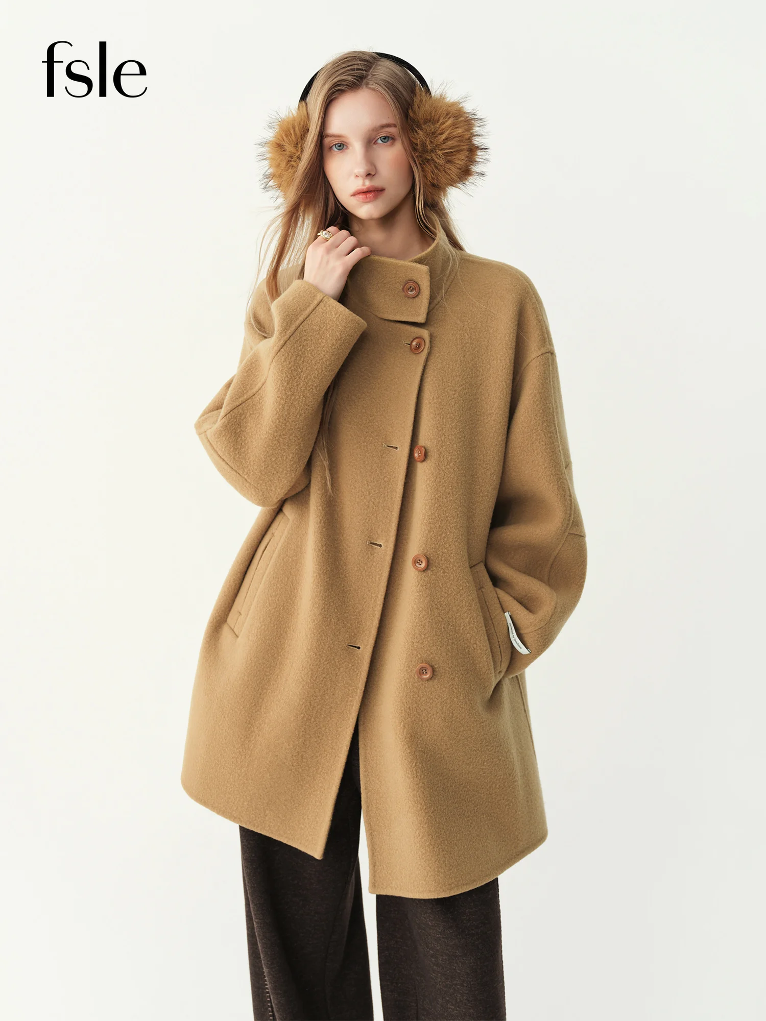 FSLE Women 100% Wool Stand Collar Double‑Faced Woolen Coat Mid‑Short Length 2026 Winter New Relaxed Fit Casual Outerwear Blends