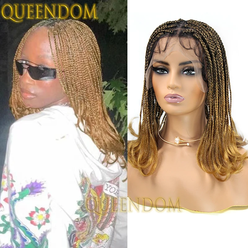 12 ''Synthetische Micro Cornrow Vlecht Pruik Ombre Blonde Full Lace Box Gevlochten Pruik Knooploze Dreadlock Franse Krul Pruik Voor Zwarte Vrouwen