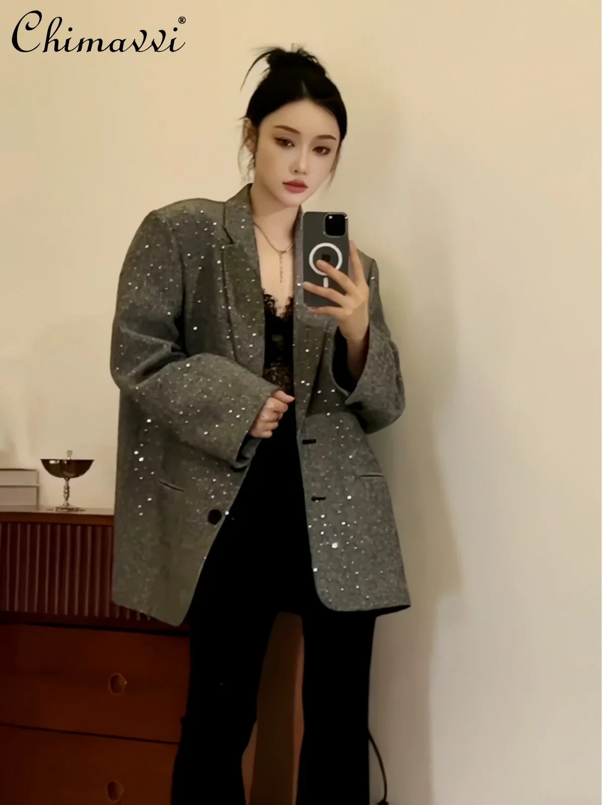 Spring Autumn New Heavy Hot Diamond Blazer Women's Korean Fashion Long Sleeve Casual Loose Slim-fit Elegant Tailored Coat