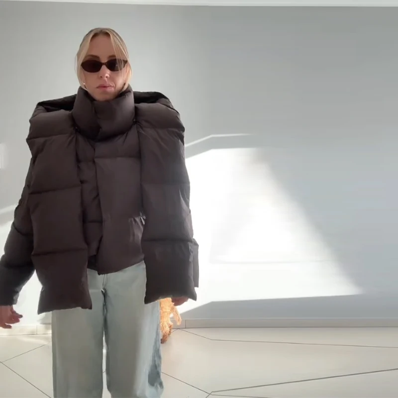 Women Fashion Detachable Hood Short Cotton Jackets Long Sleeved Brown Warm Thick Coat 2025 Winter New Lady High Street Outwear