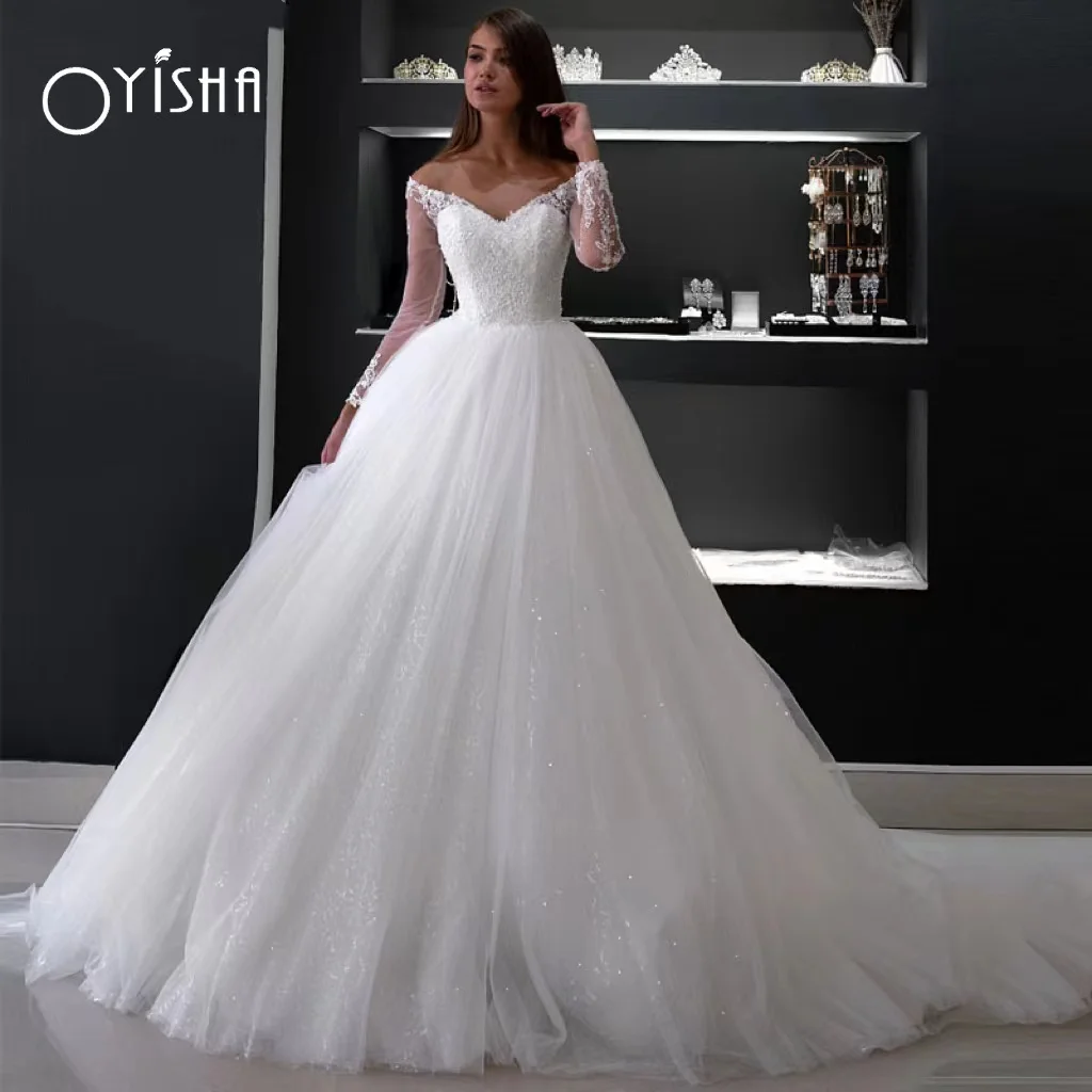 OYISHA 2023 Prinzessin Off Schulter Hochzeit Kleid Schatz Lange Ärmel Tüll Glitter Spitze Appliqus Braut Kleid Vestido De Novia