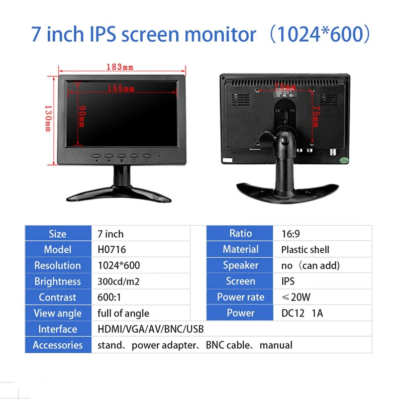 Imagem -06 - Monitor Resistive Touch Screen Desktop Ips Lcd Monitor do Computador Cctv para Home Security Bnc Vga Hdmi av Usb 1024x600