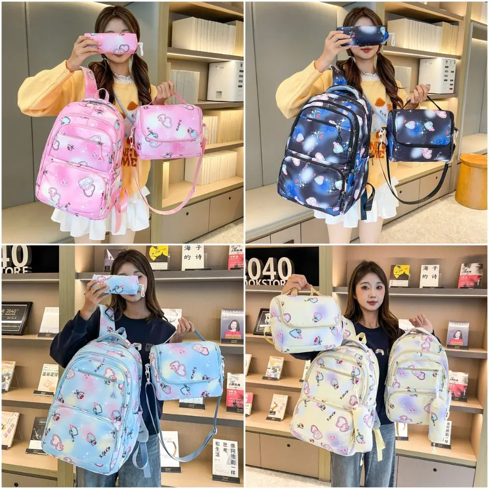 キュートなマルチカラー3-in-1スクールバッグ大容量花柄プリントバックパックセットナイロン多機能ペンバッグユニセックス