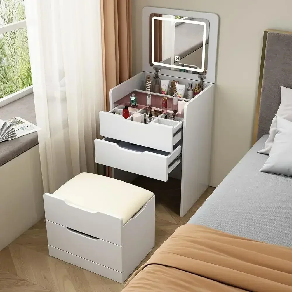 Compact 3-in-1 Makeup Vanity Desk with Ottoman, Storage Drawers and Mirror for Women's Bedroom, White