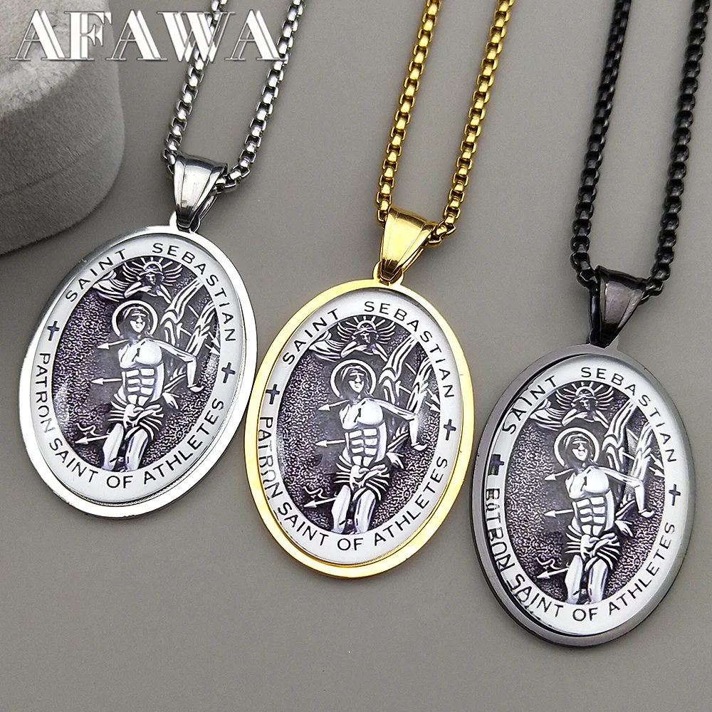 

SAINT SEBASTIAN PATRON SAINT OF ATHLETES Glass Medal Pendant Necklace for Women Men Stainless Steel Gold Color Sports Jewelry