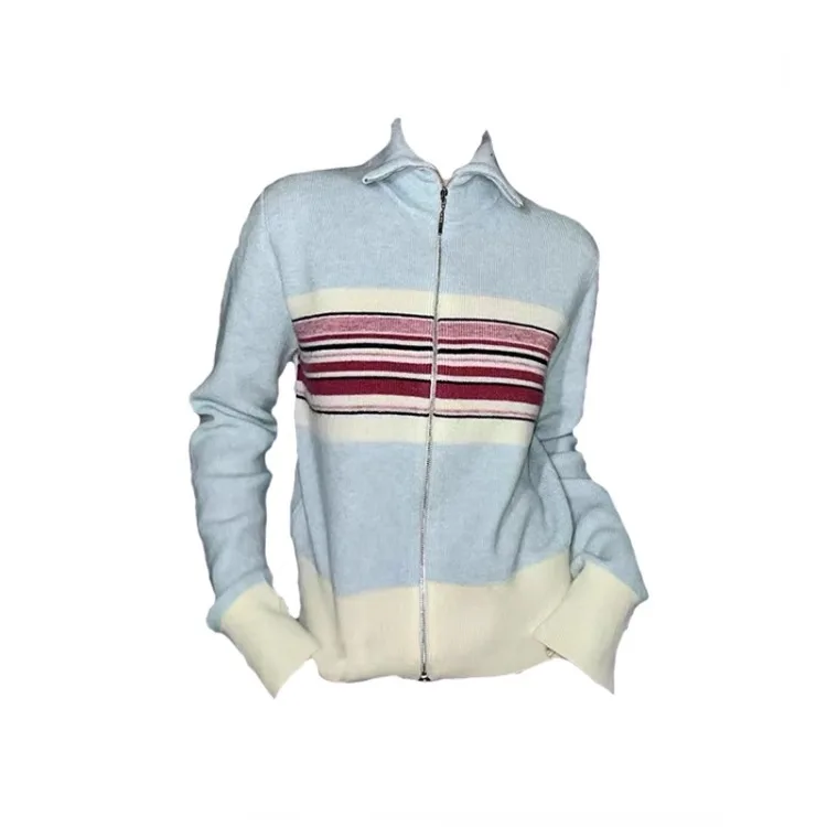 

Vintage Blue Striped Knitted Jacket for Women Spring Autumn New Knitted Cardigan Coat Y2k Slim Fit Long Sleeve Sweaters Mujer