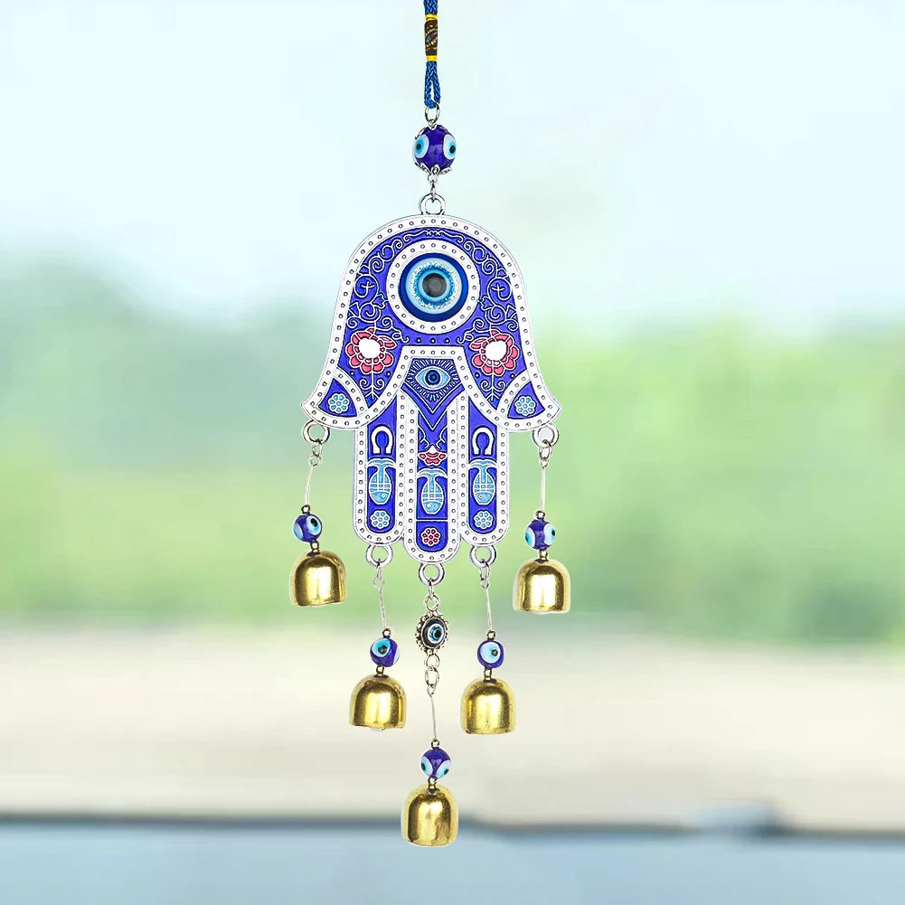 

Muy Bien Fatima Wind Chimes Bell Amulet Turkish Blue Eye Bead Lucky Feng Shui Hanging Car Pendant Balcony Yard Garden Home Decor