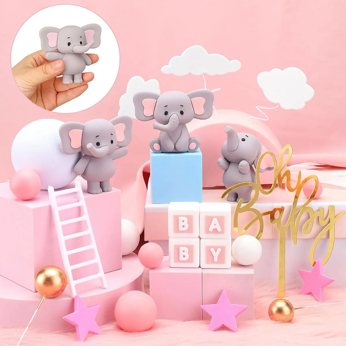 35pcs Pink Elephant Cake Toppers Mini Cake Decorations Cupcake Toppers Pink White Pearl Ball for Girl Baby Shower Birthday