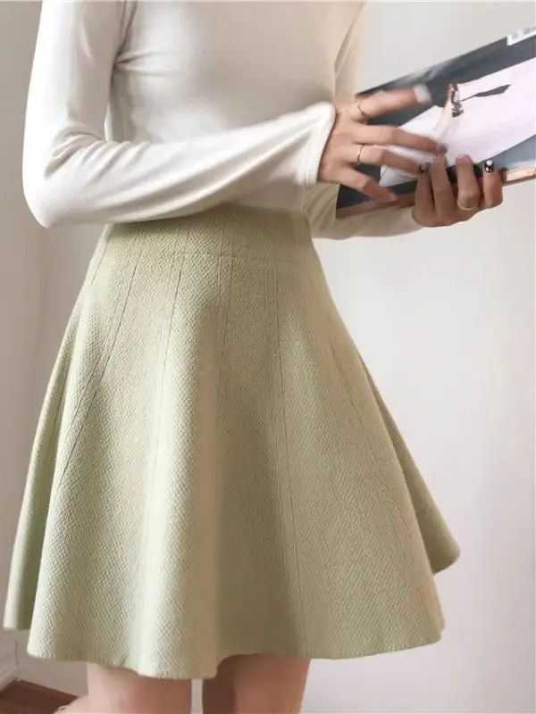 

Новая корейская короткая юбка-трапеция 2026 года с высокой талией, эластичная, вязаная, пышная, в форме зонта, для повседневной носки и офиса