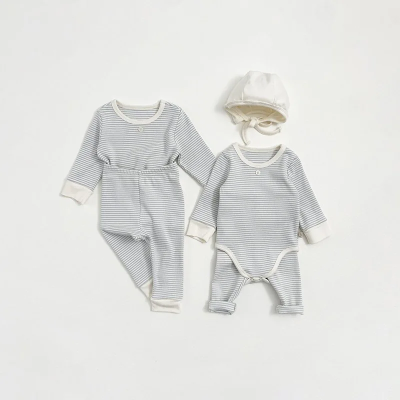 Spring Baby Long Sleeve Home Clothes Set Infant Boy Girl Striped Bodysuit + Leggings + Hat 3pcs Suit Newborn Outfits 1-8 Years