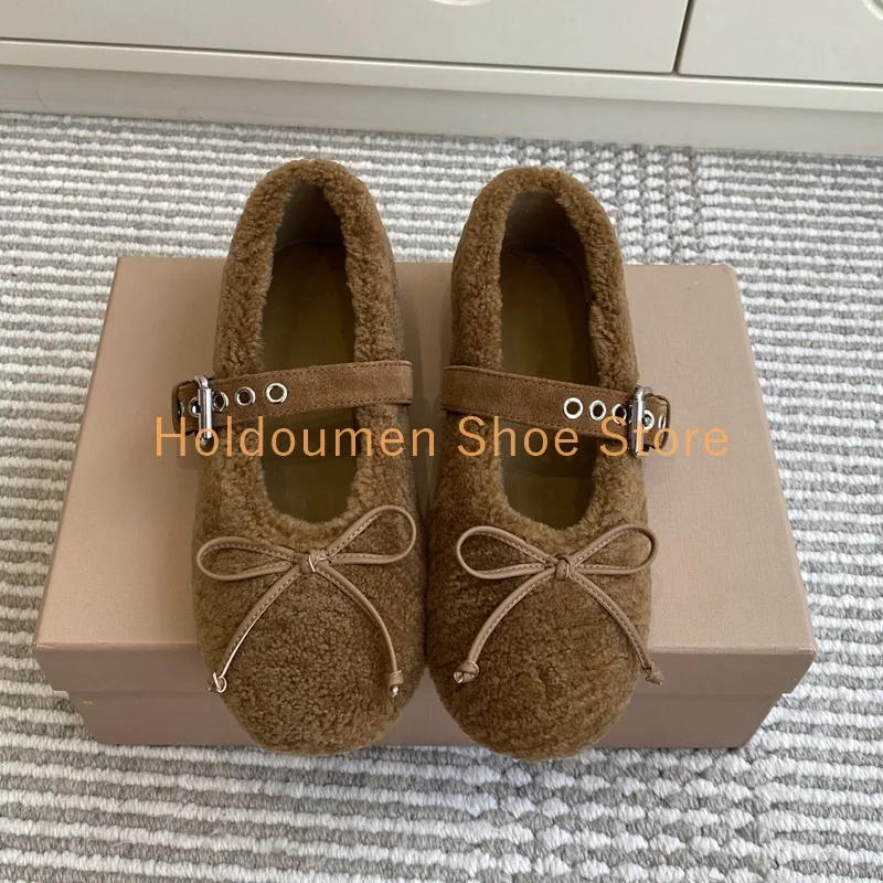 

Winter Sheepskin Plush Flat Ballet Shoes Cute Bow Decor Round Toe Adjustable Buckle Soft Cotton Shoes New Versatile Warm Shoes