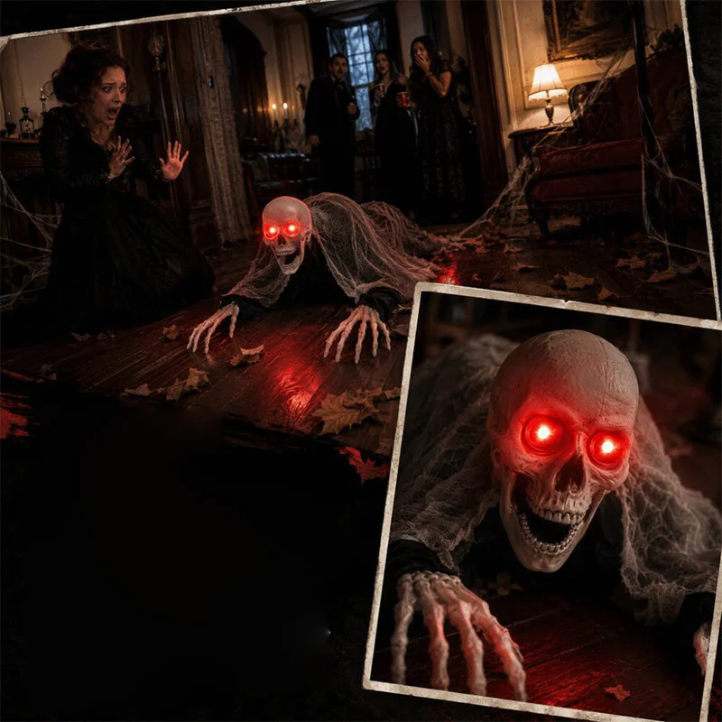 Halloween Crawling Skeleton Decoration Voice Control Skull Glowing Red Eyes Automatic Waving Haunted House Prop For Yard Indoor