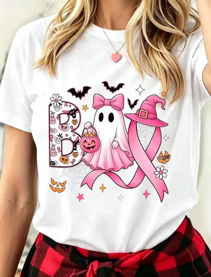 Cute Pink Ghost Witch Hat Tshirt Women Halloween Breast Cancer Awareness Pink Ribbon Pumpkin Bat Print Short Sleeve Casual Top