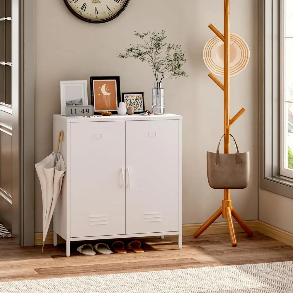 White Steel 2-Door Metal Storage Cabinet Buffet Table for Home/Office, H 35.43