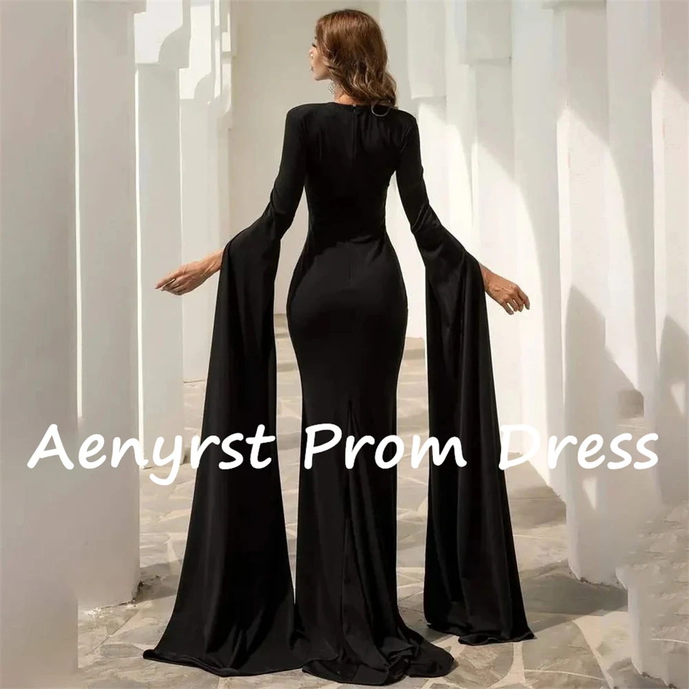 Aenyrst-Vestidos de Noche de Arabia Saudita de manga larga, prenda de satén de sirena, ceñido al cuerpo, color negro, sencillo, largo hasta el suelo, Formal, para fiesta