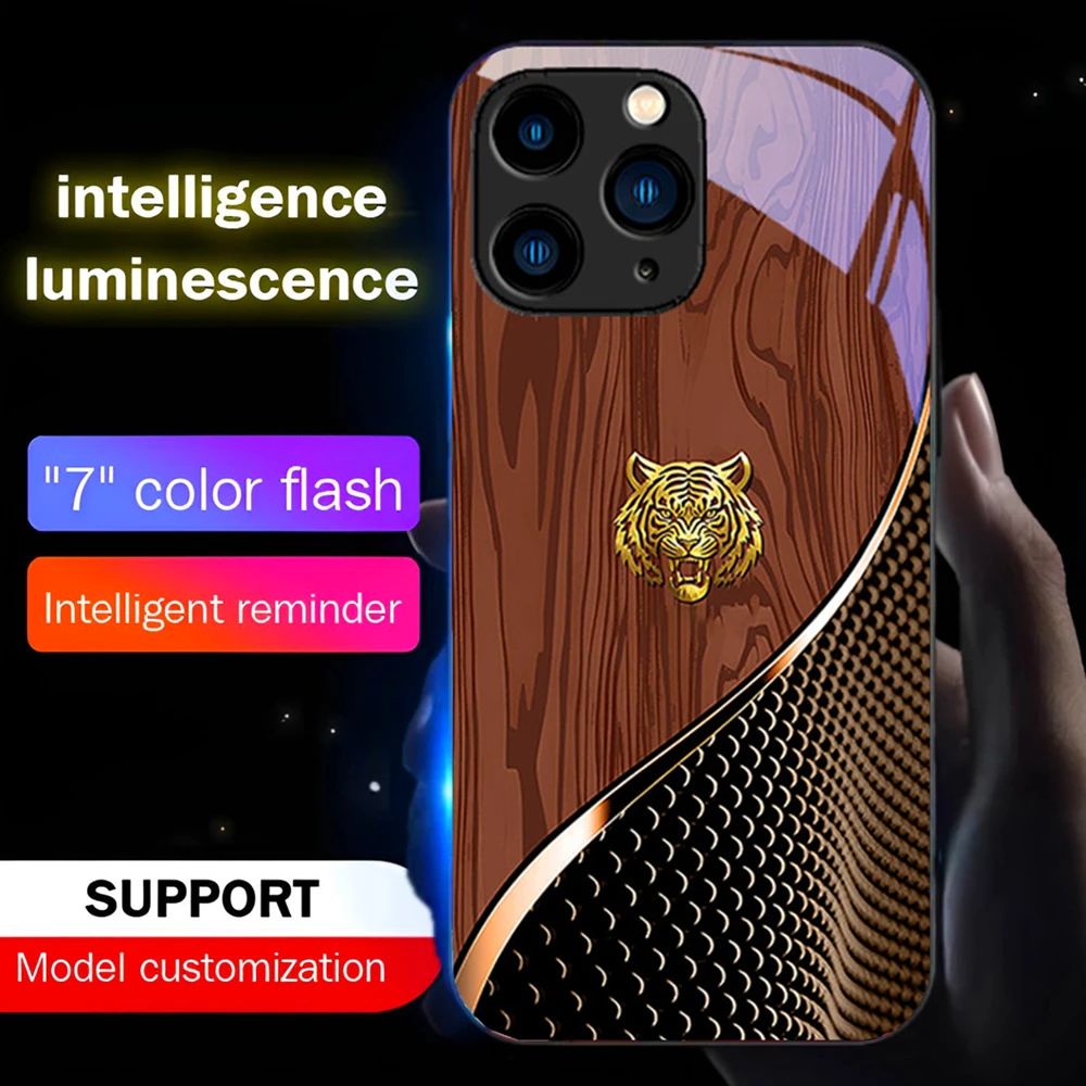 

Чехол для телефона с логотипом Wood Grain Golden Tiger со светодиодной подсветкой и блестящим чехлом для iPhone 16 E 15 14 13 12 11 Pro Max XR XS Plus SE