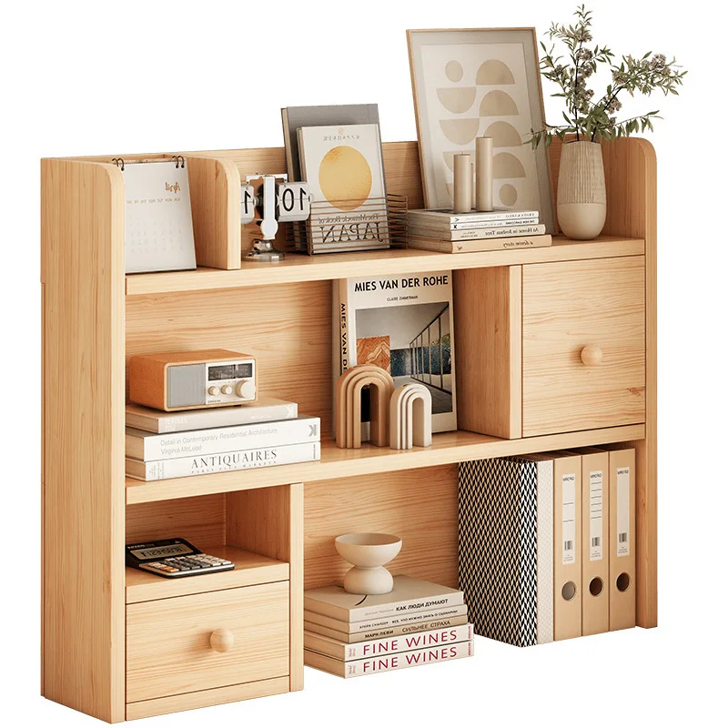 

Bookshelf Solid wood desktop shelf Log wind simple desk storage shelf Pine multi-layer lattice storage cabinet